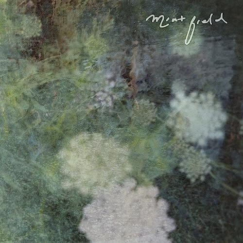 Album cover with blurry white flowers over a dark, textured green and grey background.