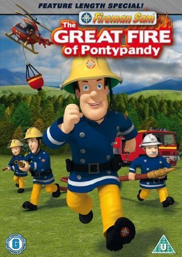 Fireman Sam DVD cover featuring Sam and other firefighters in Pontypandy.