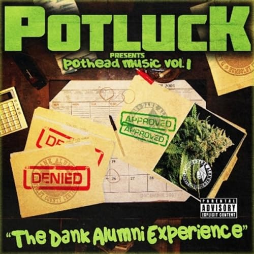 CD cover with cannabis imagery, documents, and bold green "POTLUCK" text.