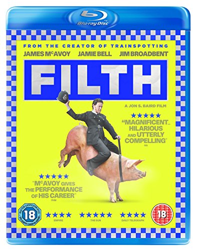 Blu-ray cover for the film Filth featuring a man in uniform riding a pig.
