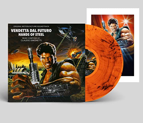 Hands of Steel soundtrack vinyl record cover and marbled orange vinyl disc.