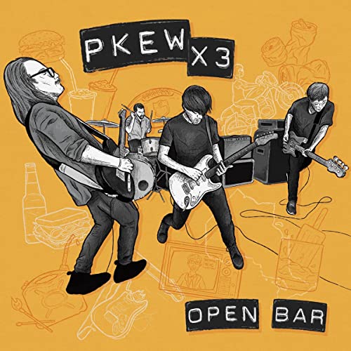 Illustration of a four-person band playing instruments, with food doodles.