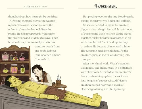 Illustration from āClassics Retold: Frankensteinā showing Victor Frankenstein and his creation.