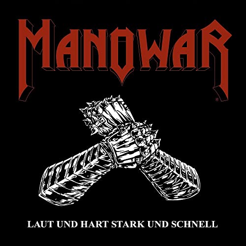 Manowar album cover: white fists with spikes on a black background.