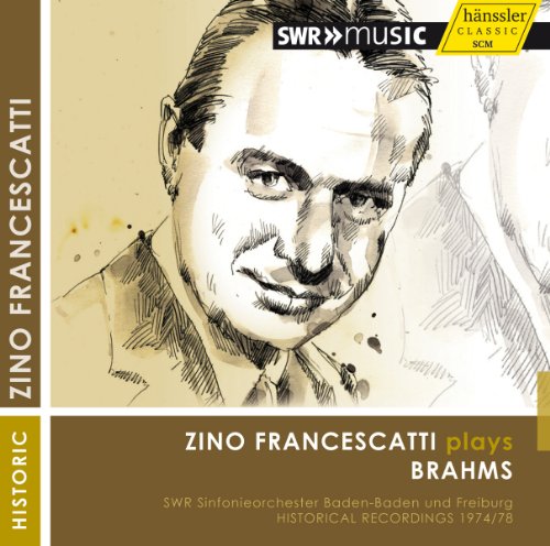 CD cover: sketched portrait of violinist Zino Francescatti, playing Brahms.