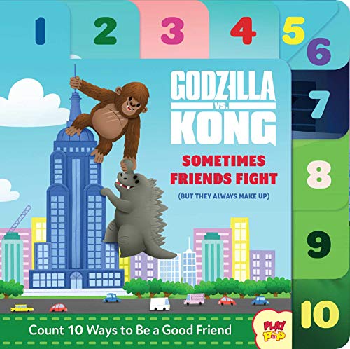 Godzilla and Kong on a colorful board book with numbered cityscape.