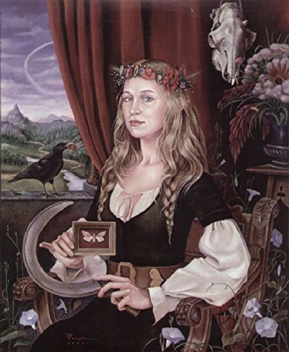 Painting of a woman with a flower crown holding a moth in a frame.