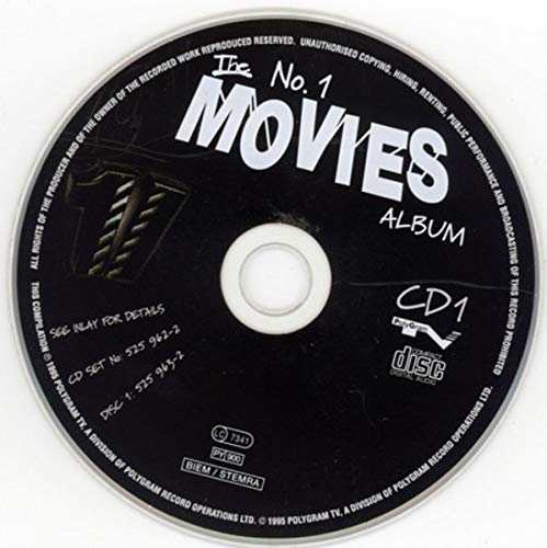 CD with black background, white "No. 1 MOVIES ALBUM" text, and center hole.