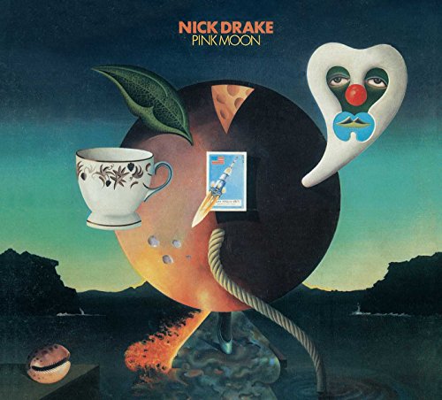 Surreal album cover art featuring a large moon, teacup, rocket, and abstract shapes.