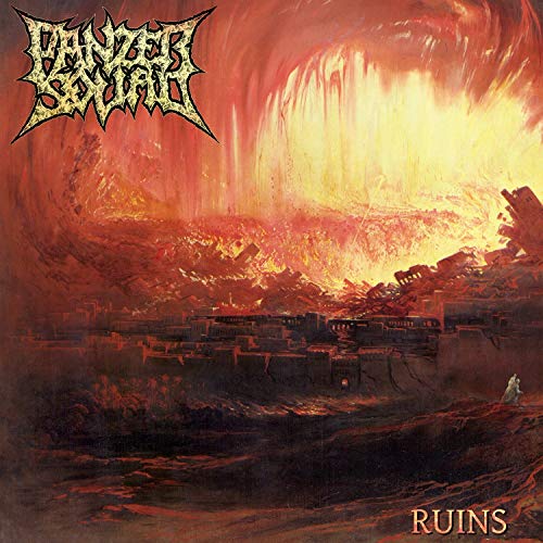 CD cover art: fiery, ruined cityscape with band logo and title “Ruins”.