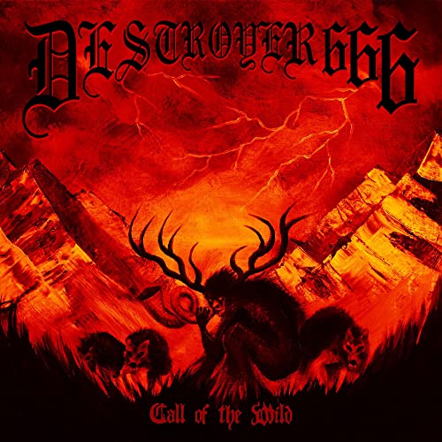 Destroyer 666 album cover: red, fiery landscape with deer and wolves.