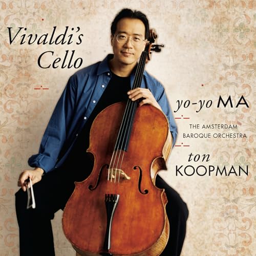 Yo-Yo Ma holding a cello against a patterned beige background on an album cover.