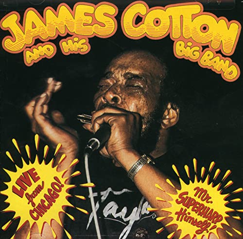 James Cotton playing harmonica into a microphone, album cover art.