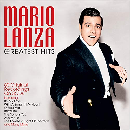 Mario Lanza in a tuxedo on the Greatest Hits CD cover with song titles.