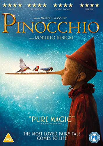 Pinocchio with a long nose and three birds on a blue, starry background.