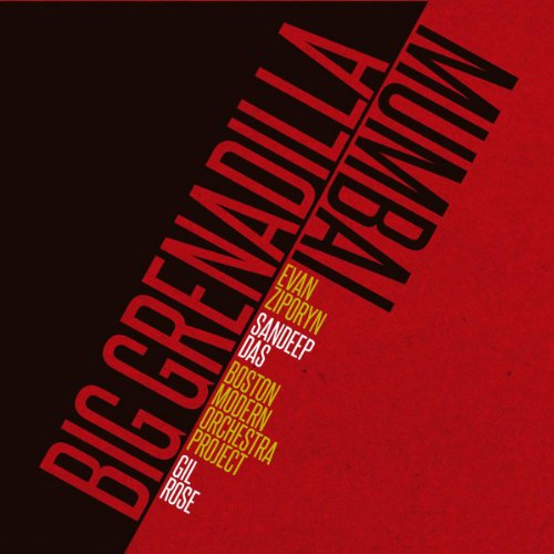 Red album cover with stacked white text listing artist and project names.