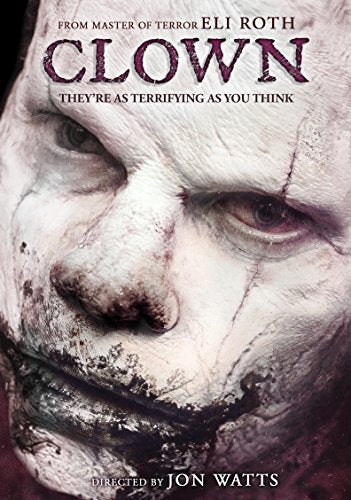 Horror movie cover featuring a close-up of a clown’s bloodied, unsettling face.
