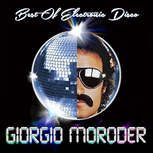 Giorgio Moroder album cover featuring a disco ball and portrait.