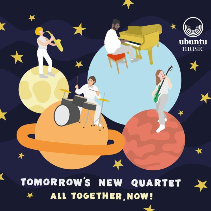 CD cover: illustrated musicians on planets, with stars and text.