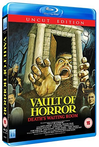 “Vault of Horror” Blu-ray cover with a screaming face and gothic imagery.