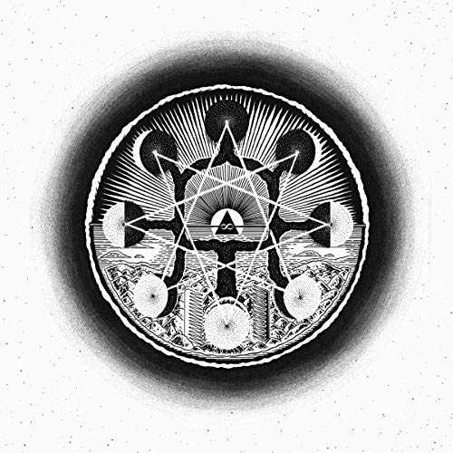 Black and white vinyl record cover with intricate geometric and cityscape design.