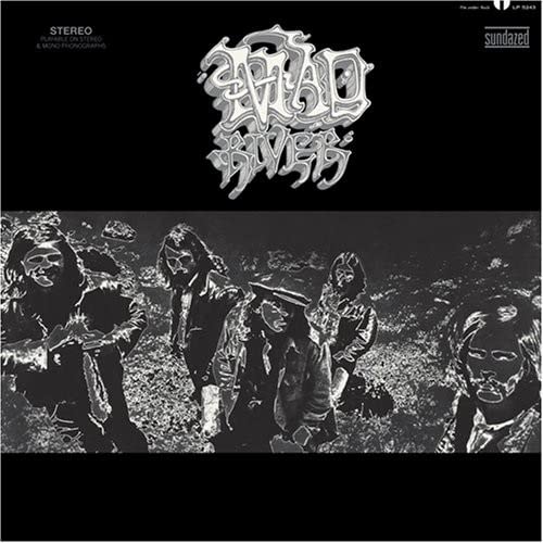 Black and white vinyl record cover featuring band members in a landscape.