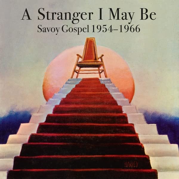 Album cover: stairs leading to an empty chair under a large orange sun.