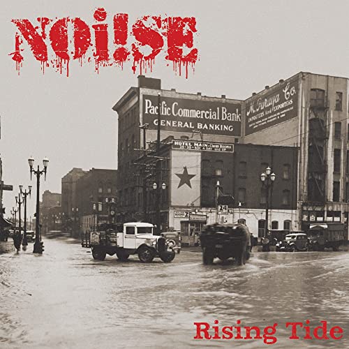 Vintage street scene with buildings, a red star, and album title text.
