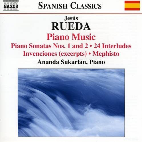 CD cover for Jesús Rueda’s "Piano Music" with abstract blue wave image.