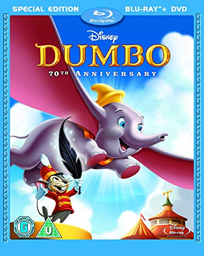 Dumbo flying with Timothy Mouse on a Disney 70th Anniversary Blu-ray and DVD cover.