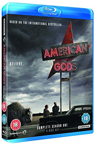 Blu-ray cover for American Gods Season One featuring a neon sign, buffalo, and car.