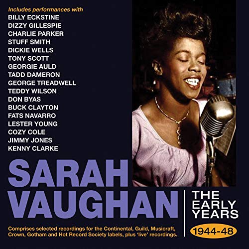 CD cover featuring Sarah Vaughan singing into a vintage microphone, 1944-48.