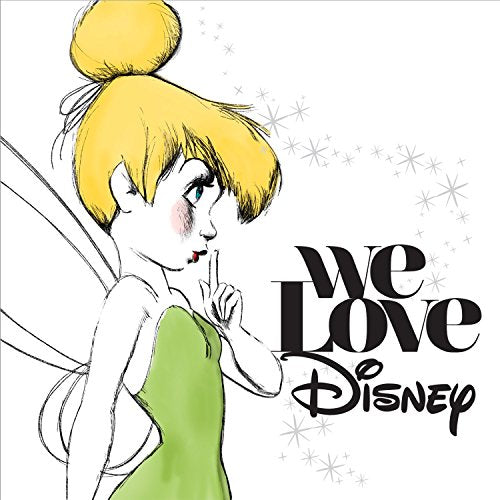 Tinkerbell illustration with "We Love Disney" text, sparkling background.
