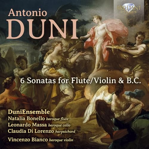 CD cover for Antonio Duni’s 6 Sonatas for Flute/Violin, featuring classical figures.