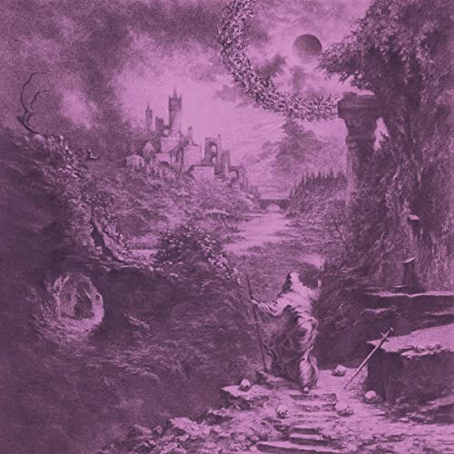 Dark, gothic landscape with a cloaked figure and distant castle.