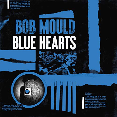 Bob Mould's "Blue Hearts" CD cover: bold text on a textured blue and black background.