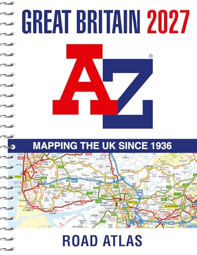 Spiral-bound A-Z Great Britain Road Atlas 2027 cover with map detail.