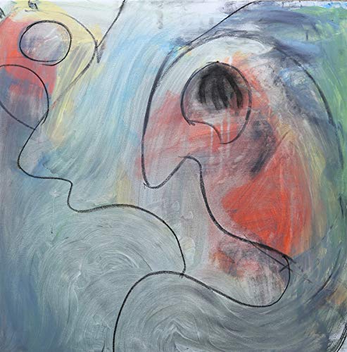 Abstract painting of two faces in blue, red, and gray tones.