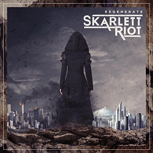 Hooded figure overlooking a ruined cityscape, album cover for Skarlett Riot.