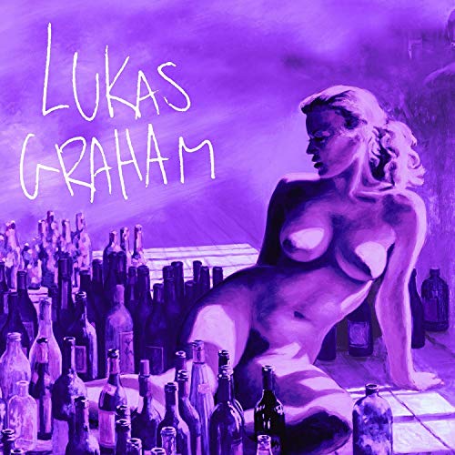Purple album cover featuring a nude figure among bottles.