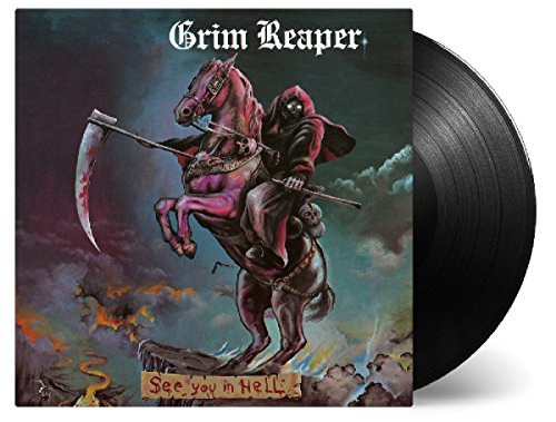 Grim Reaper album cover featuring a cloaked figure on a rearing horse.