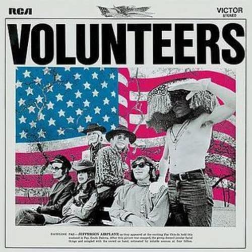 Jefferson Airplane’s “Volunteers” CD cover with band members and American flag.