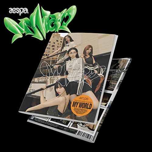 Aespa “My World” album cover with three members and green text.