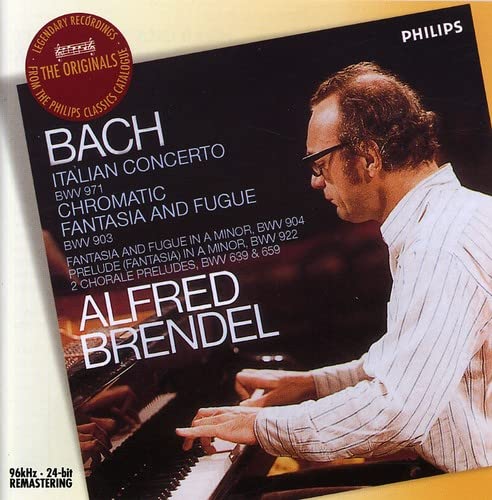 CD cover featuring pianist Alfred Brendel and text listing Bach compositions.