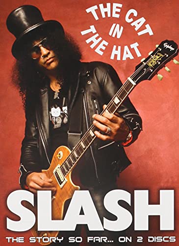 Slash, guitarist with long hair, wearing a top hat and playing guitar.