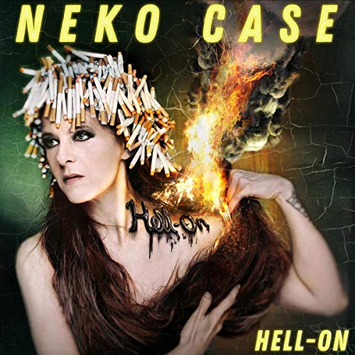 Neko Case wears a crown of cigarettes with flames and smoke rising from her shoulder.