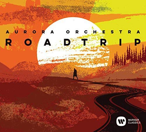 CD cover for Aurora Orchestra’s “Road Trip” with a sunset landscape.