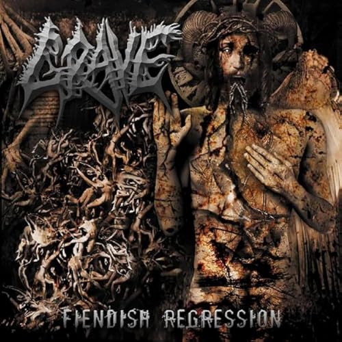 Grave album cover: dark, demonic figures amidst chaotic, textured imagery.