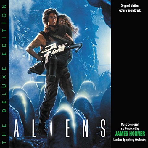 “Aliens” soundtrack CD cover featuring Ripley carrying Newt with a pulse rifle.