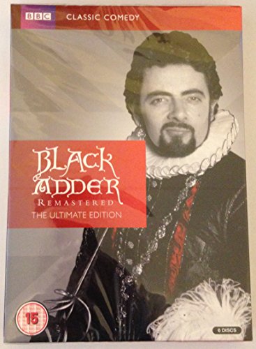 DVD cover for “Black Adder Remastered” featuring Rowan Atkinson in costume.